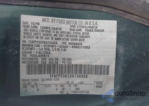 1999 Ford Taurus Se/Se-Ne z USA, uszkodzony, nr VIN 1FAFP53U2XG126028